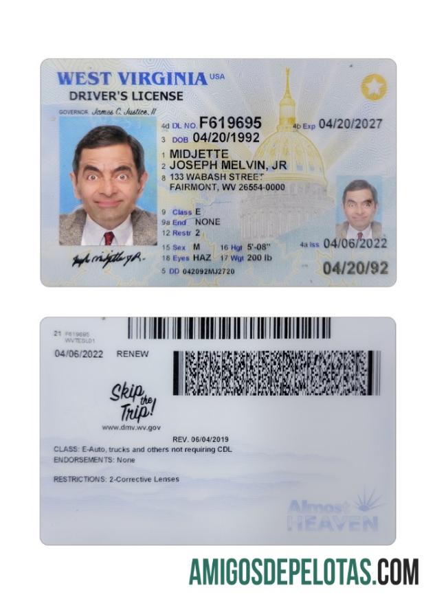 Carteira de habilitação dos EUA na Virgínia Ocidental 2022 presente amostra